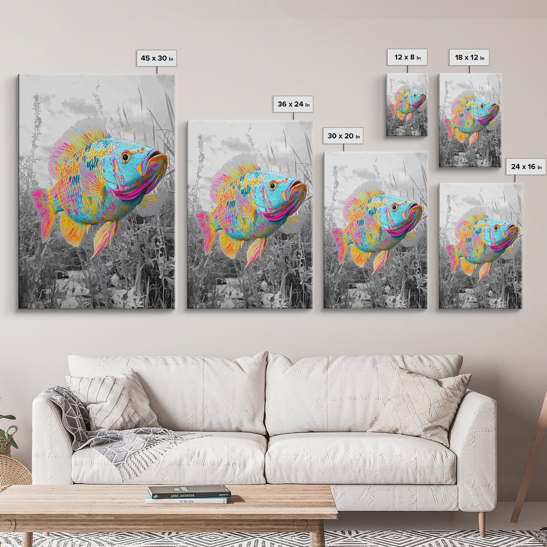 Neon Fish, Color Splash, Bright Animal, Vibrant Water, Framed Canvas Print psychedelic aquatic art, kids room fish wall decor, animal print