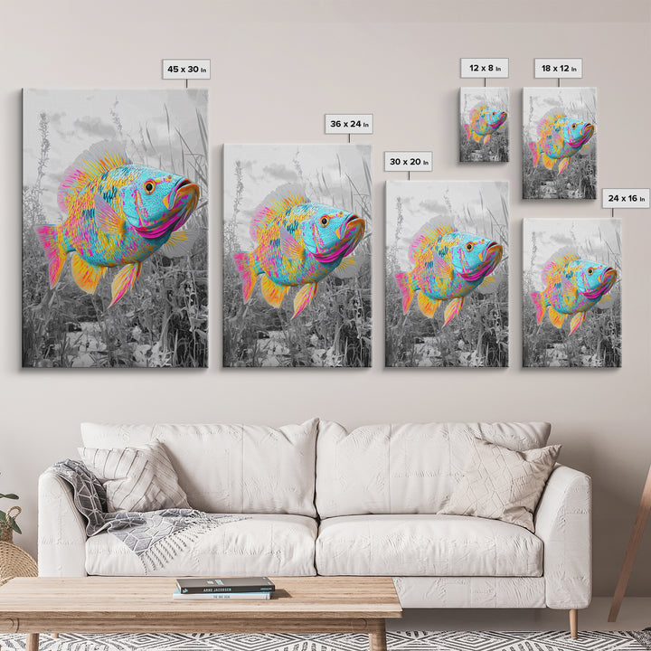 Neon Fish, Color Splash, Bright Animal, Vibrant Water, Framed Canvas Print psychedelic aquatic art, kids room fish wall decor, animal print