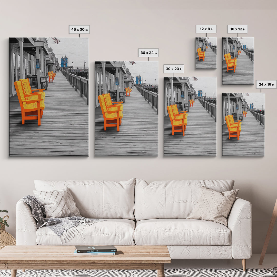 Boardwalk Chairs, Orange Seating, Coastal Town, Wooden Path, Framed Canvas Print beach town photography, nautical home decor, coastal art