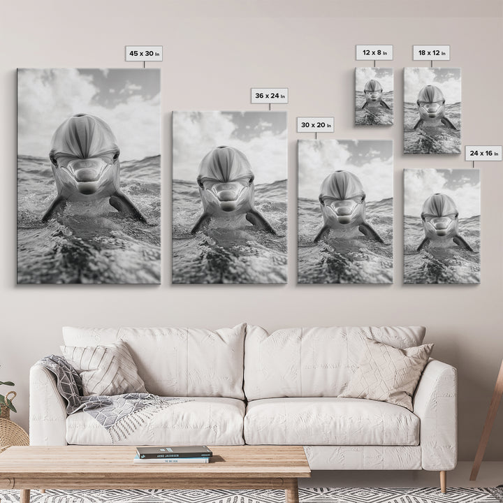 Dolphin Splash, Ocean Encounter, Monochrome Wildlife, Canvas Print, Coastal Wall Art, Bathroom Decor, Marine Animal Photography