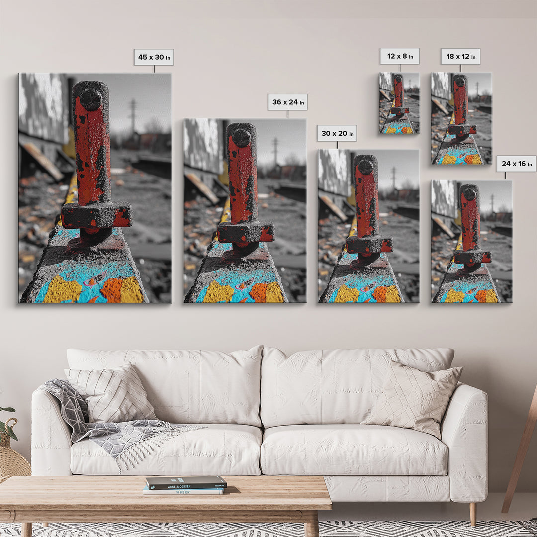 Red Peg, Graffiti Steel, Urban Rust Texture, Canvas Print, Industrial Wall Art, Modern Loft Decor, Urban Decay Photography