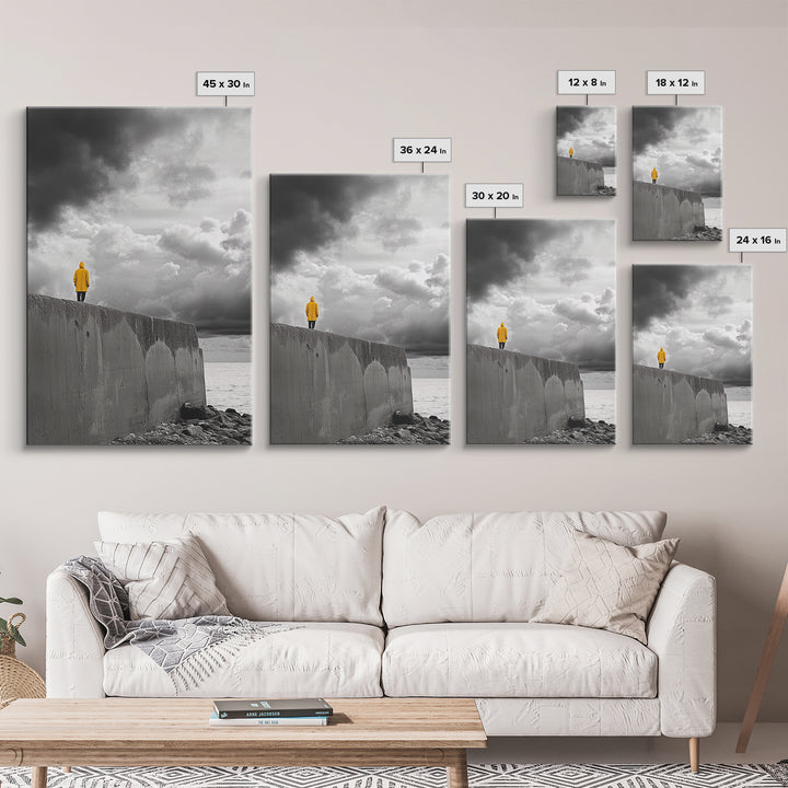 Yellow Raincoat, Ocean Storm, Moody Skies, Framed Canvas Print, Minimalist Wall Art, Coastal Entryway Decor, Contemplative Scene