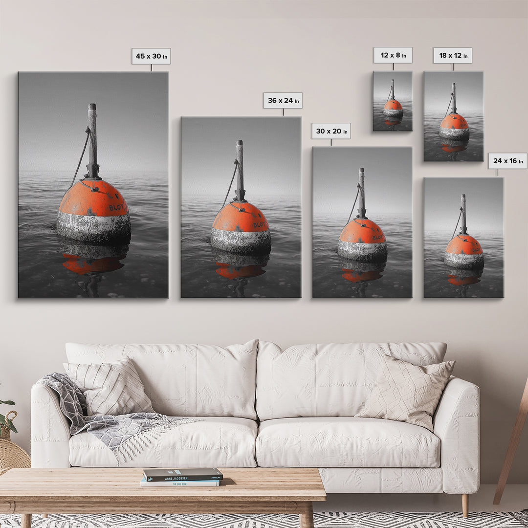 Ocean Buoy, Red Marker, Maritime Minimalism, Canvas Print, Coastal Bathroom Art, Nautical Wall Decor, Marine Industrial Aesthetic