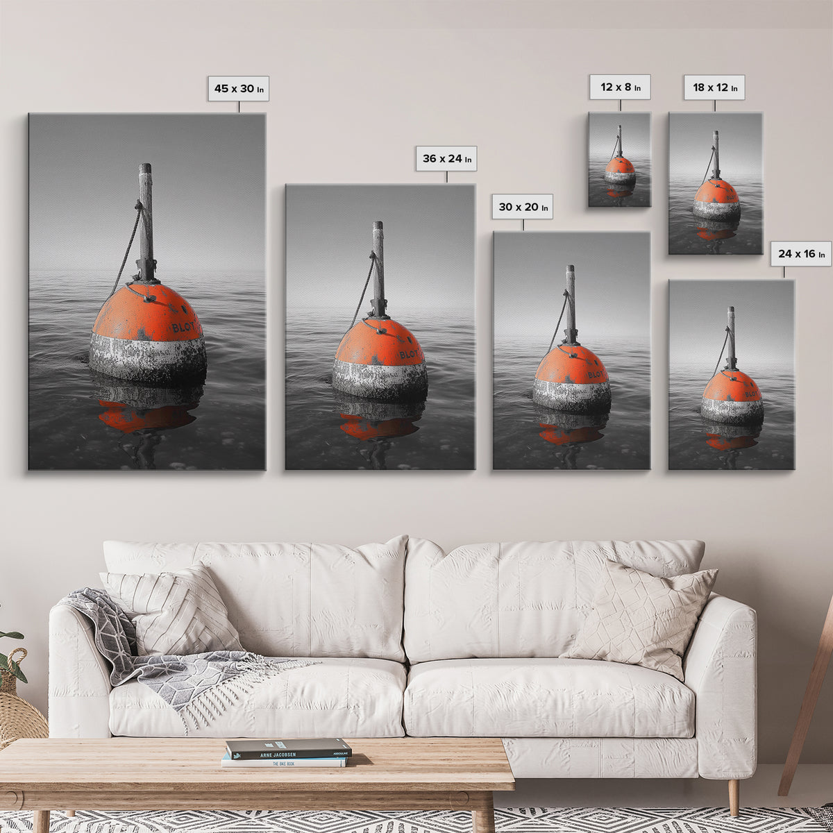 Ocean Buoy, Red Marker, Maritime Minimalism, Canvas Print, Coastal Bathroom Art, Nautical Wall Decor, Marine Industrial Aesthetic