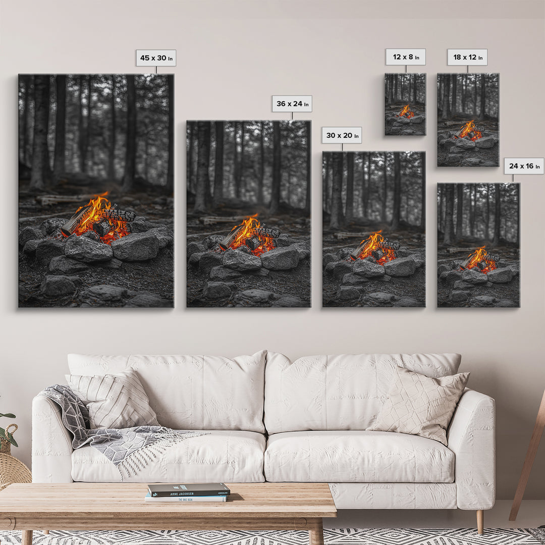 Campfire Glow, Cozy Flames, Autumn Wall Art, Framed Canvas Print, Nature Photography, Rustic Decor, Living Room Cabin Aesthetic