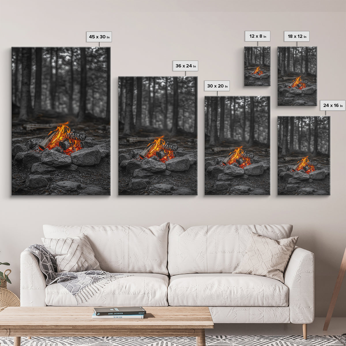 Campfire Glow, Cozy Flames, Autumn Wall Art, Framed Canvas Print, Nature Photography, Rustic Decor, Living Room Cabin Aesthetic