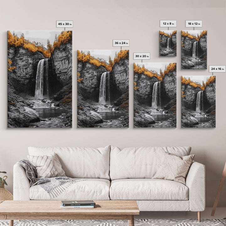 Autumn Waterfall, Forest Stream, Yellow Trees, Canvas Print, Nature Wall Art, Fall Decor, Moody Landscape Art, Living Room Wall Art