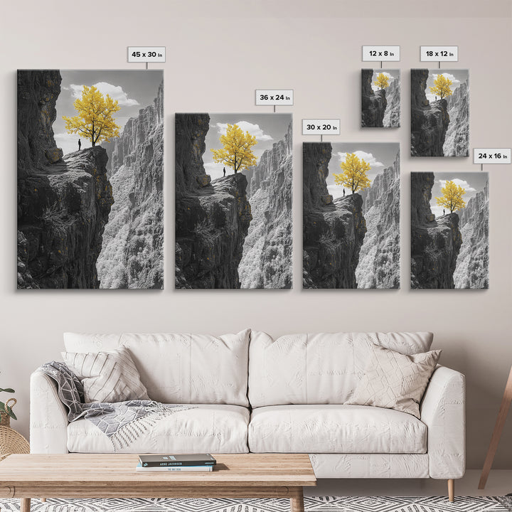 Cliff Tree, Yellow Foliage, Hiker Scene, Framed Canvas Print, Landscape Art, Fall Wall Decor, Adventure Wall Art, Office Statement Piece
