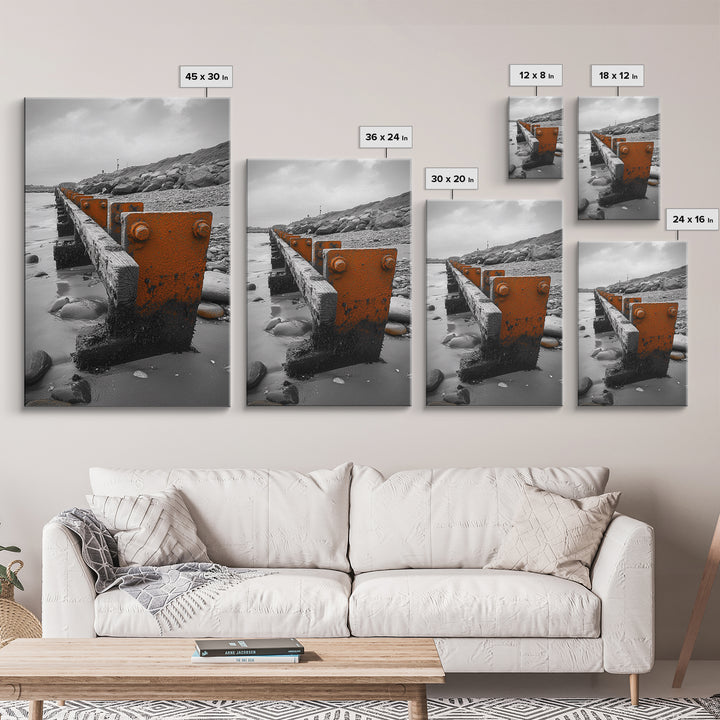 Coastal Breakwater, Rust Texture, Industrial Seascape, Framed Canvas Print, Modern Rustic Wall Art, Ocean Decor, Urban Beach Style