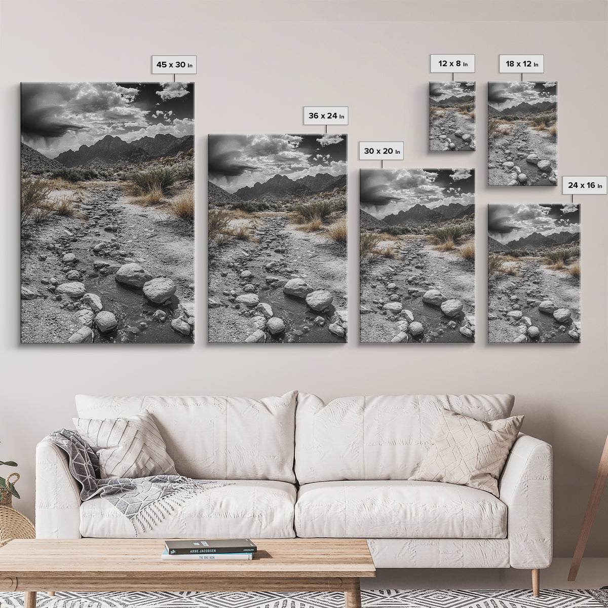 Desert Stream, Rocky Canyon, Moody Sky, Framed Canvas Print, Monochrome Landscape, Minimalist Art, Office or Entryway Decor