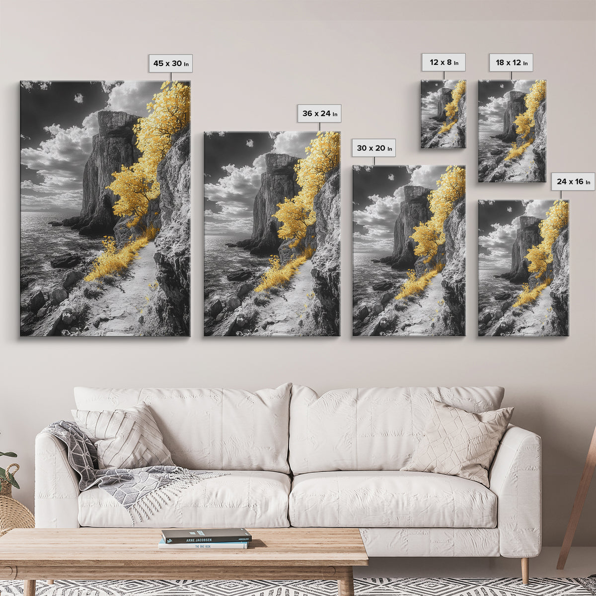 Golden Trees, Dramatic Cliff Path, Ocean Horizon, Nature Escape, Framed Canvas Print, Rustic Wall Art, Autumn Decor, Entryway Art