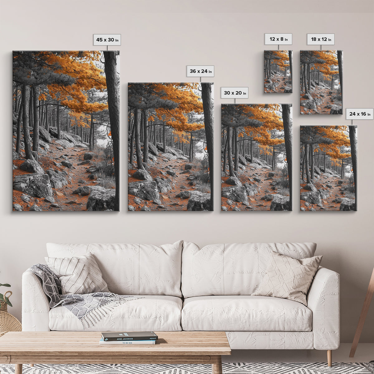 Autumn Forest Path, Orange Leaves, Rocky Woods Trail, Tranquil Nature, Framed Canvas Print, Fall Decor, Cabin Wall Art, Rustic Style