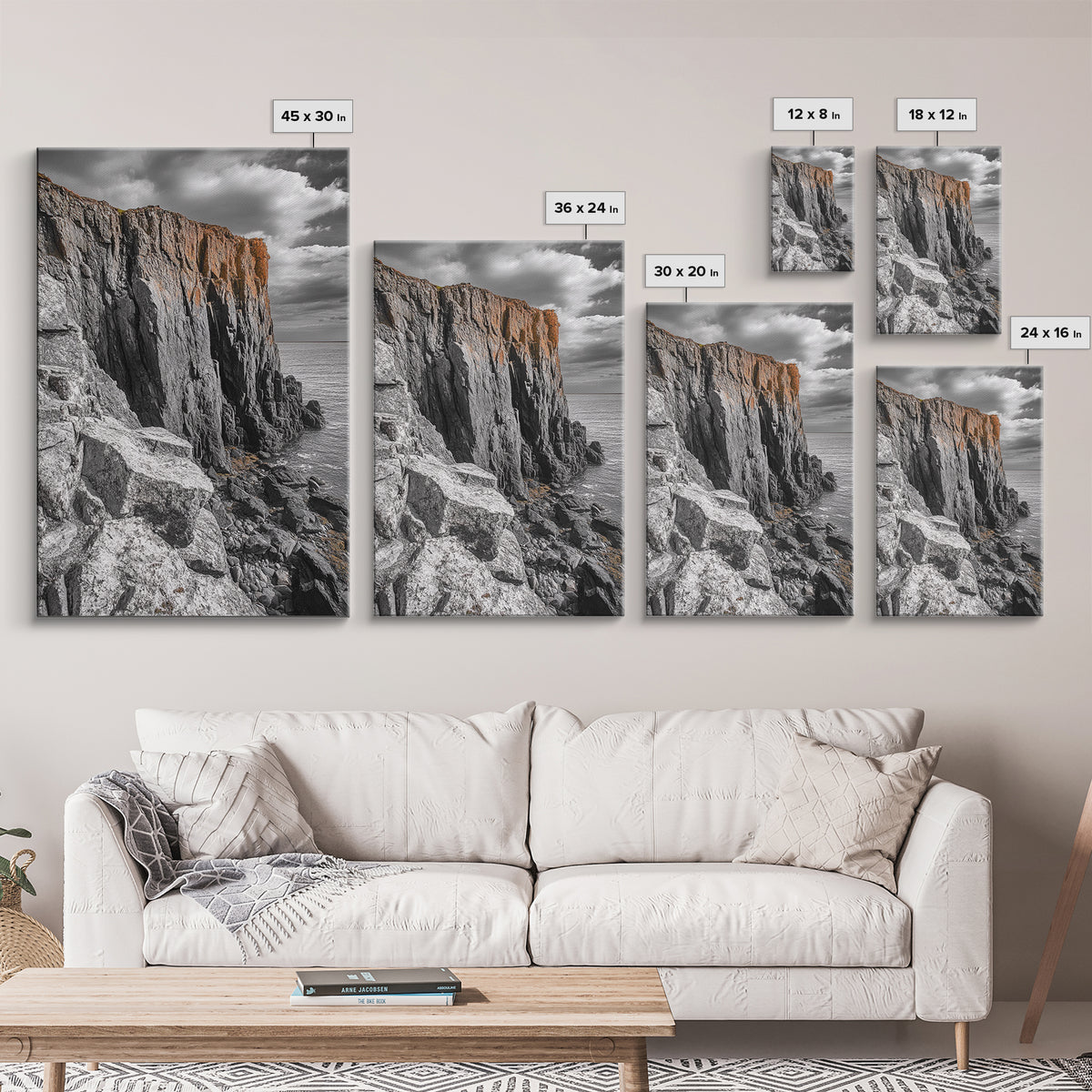 Rugged Cliff Coast, Ocean Rocks, Dramatic Sky, Seaside View, Framed Canvas Print, Coastal Decor, Living Room Wall Art, Earthy Tones