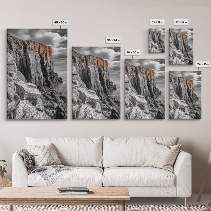 Rugged Cliff Coast, Ocean Rocks, Dramatic Sky, Seaside View, Framed Canvas Print, Coastal Decor, Living Room Wall Art, Earthy Tones