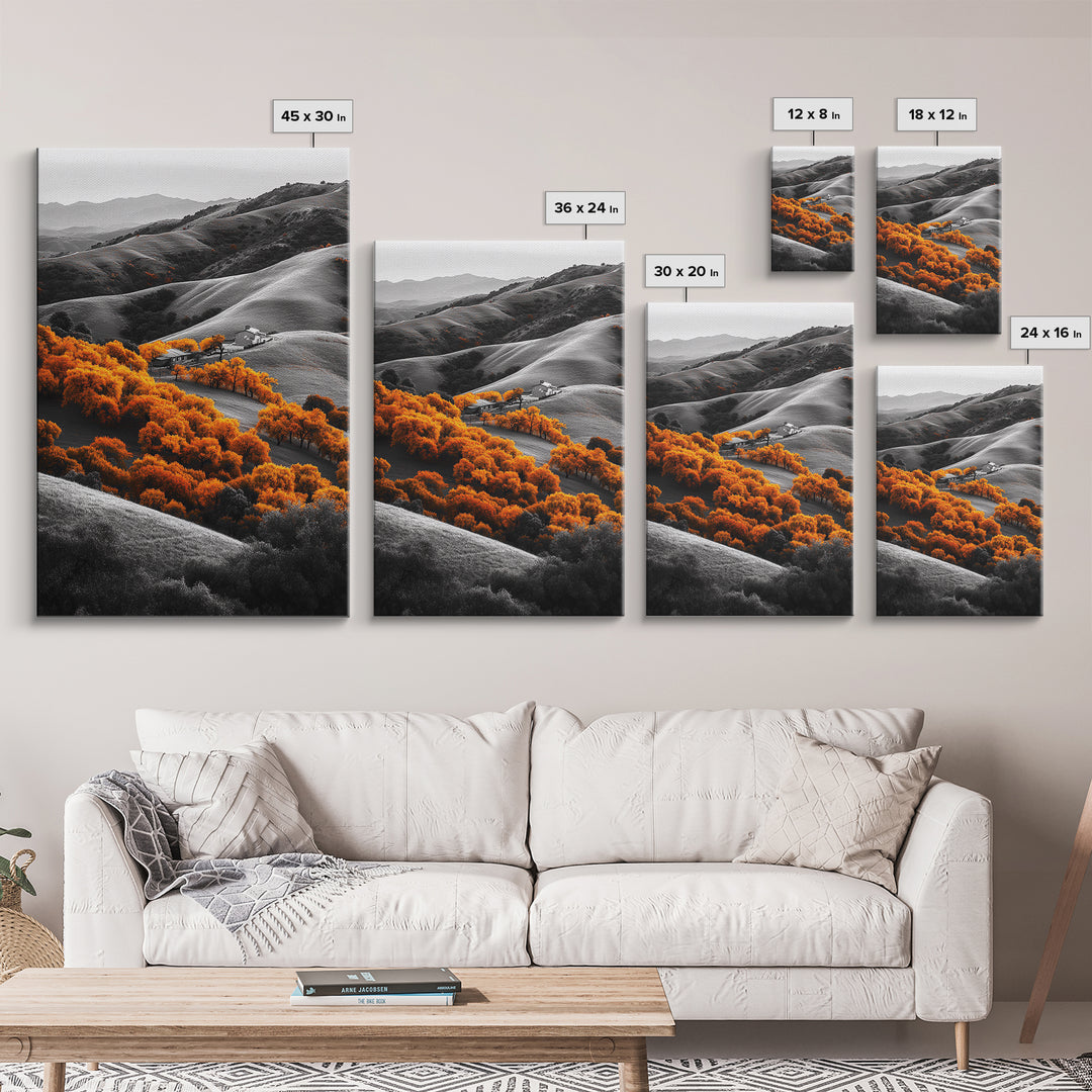 Autumn Hills, Vibrant Trees, Countryside View, Framed Canvas Print, Fall Landscape Art, Farmhouse Decor, Cozy Living Room Accent