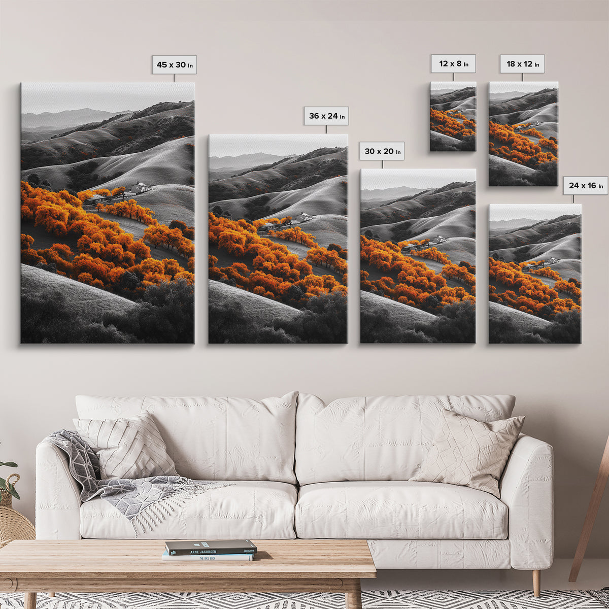 Autumn Hills, Vibrant Trees, Countryside View, Framed Canvas Print, Fall Landscape Art, Farmhouse Decor, Cozy Living Room Accent