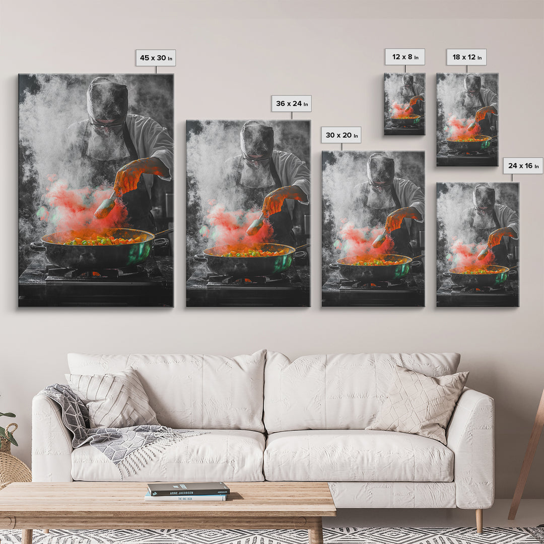 Chef Cooking, Kitchen Smoke, Artistic Culinary Scene, Framed Canvas Print, Modern Kitchen Wall Art, Vibrant Food Art, Chef Decor