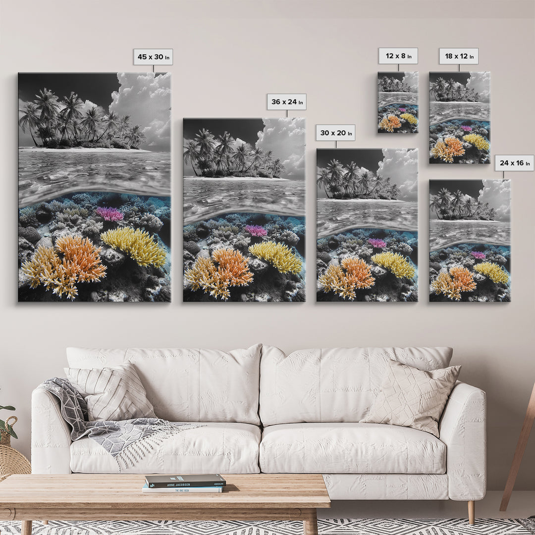 Island View, Coral Reef, Overwater Split Scene, Framed Canvas Print, Coastal Wall Art, Beach House Decor, Ocean Landscape Art