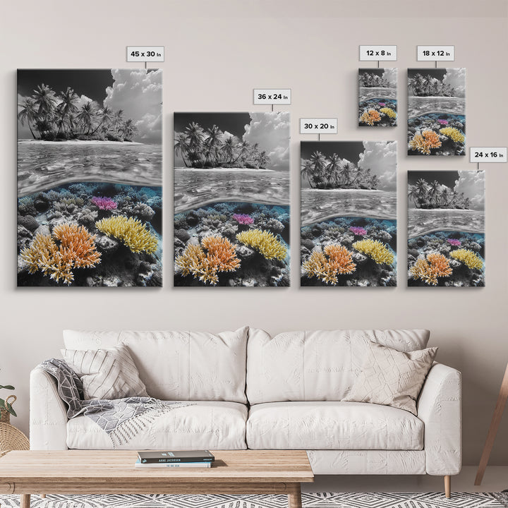 Island View, Coral Reef, Overwater Split Scene, Framed Canvas Print, Coastal Wall Art, Beach House Decor, Ocean Landscape Art