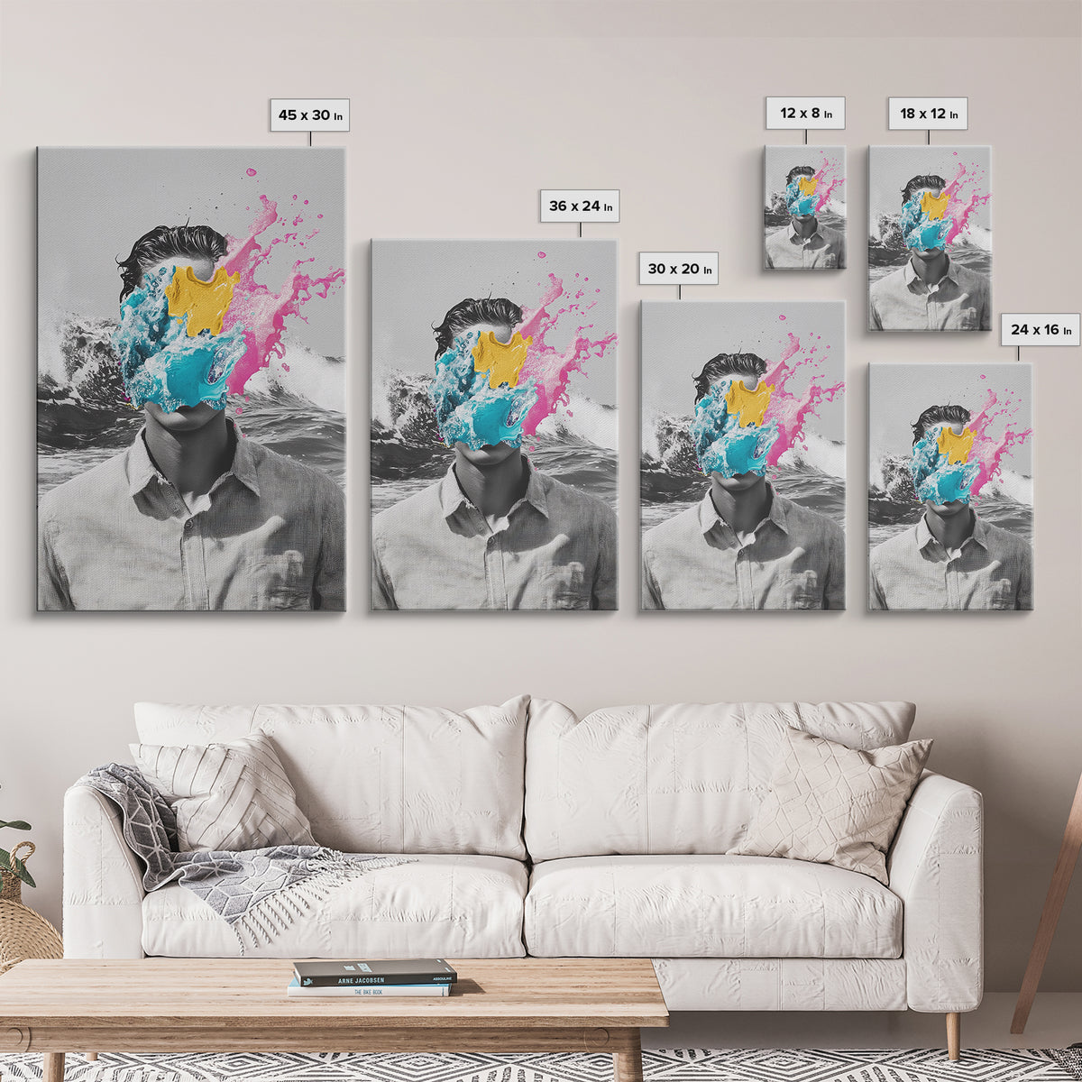 Abstract Portrait, Paint Splash Face, Surreal Ocean Art, Framed Canvas Print, Modern Living Room Art, Pop Surrealism Decor