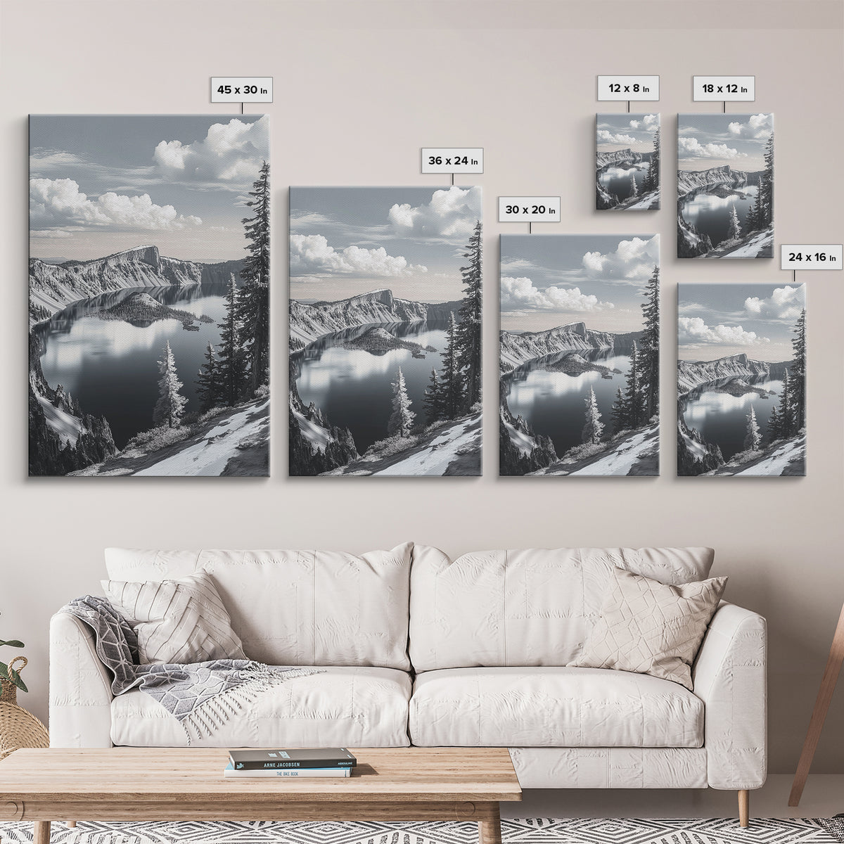 Crater Lake, Snowy Mountains, Scenic Reflection View, Framed Canvas Print, Cabin Wall Art, Winter Landscape Decor, Nature Vibes