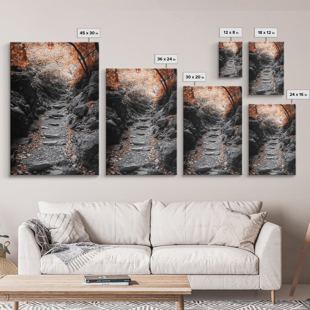 Rocky Trail, Autumn Leaves, Forest Path, Framed Canvas Print, Fall Nature Wall Art, Rustic Entryway Decor, Hiking Landscape Art