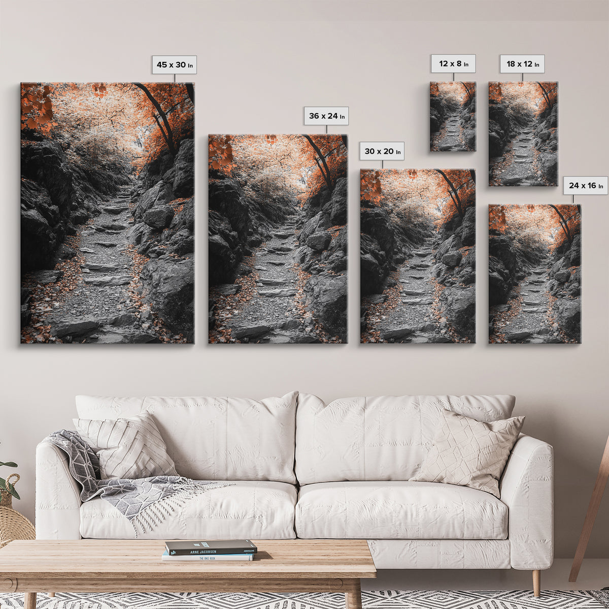 Rocky Trail, Autumn Leaves, Forest Path, Framed Canvas Print, Fall Nature Wall Art, Rustic Entryway Decor, Hiking Landscape Art