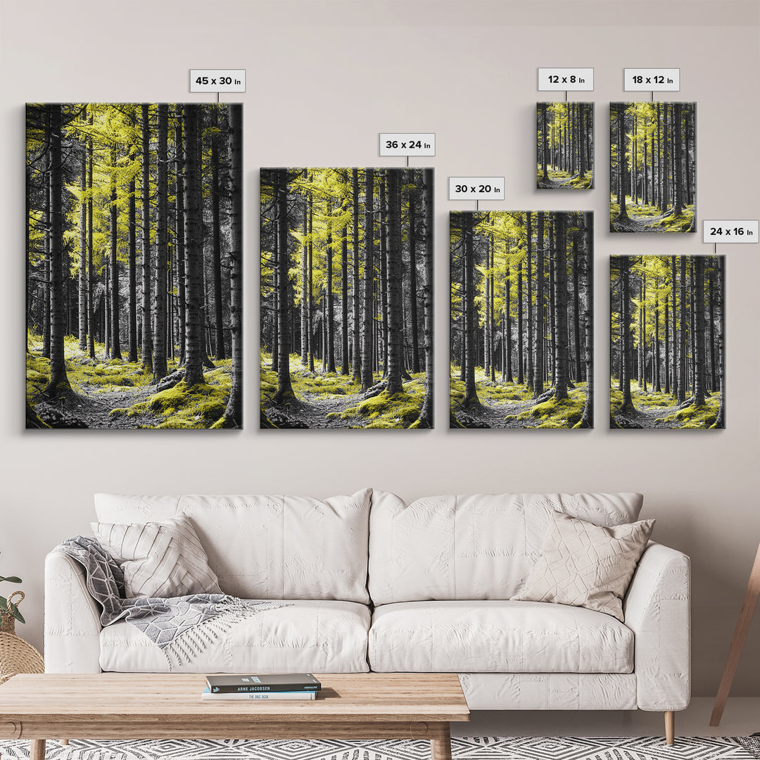 Yellow Forest, Tall Pines, Woodland Scene, Framed Canvas Print, Modern Nature Wall Art, Cabin Living Room Decor, Fall Forest Art