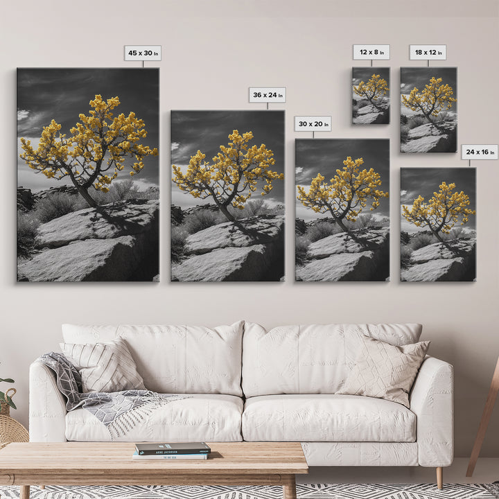 Desert Bloom, Yellow Tree, Rocky Hill, Framed Canvas Print, Southwest Wall Art, Boho Nature Decor, Minimalist Desert Landscape