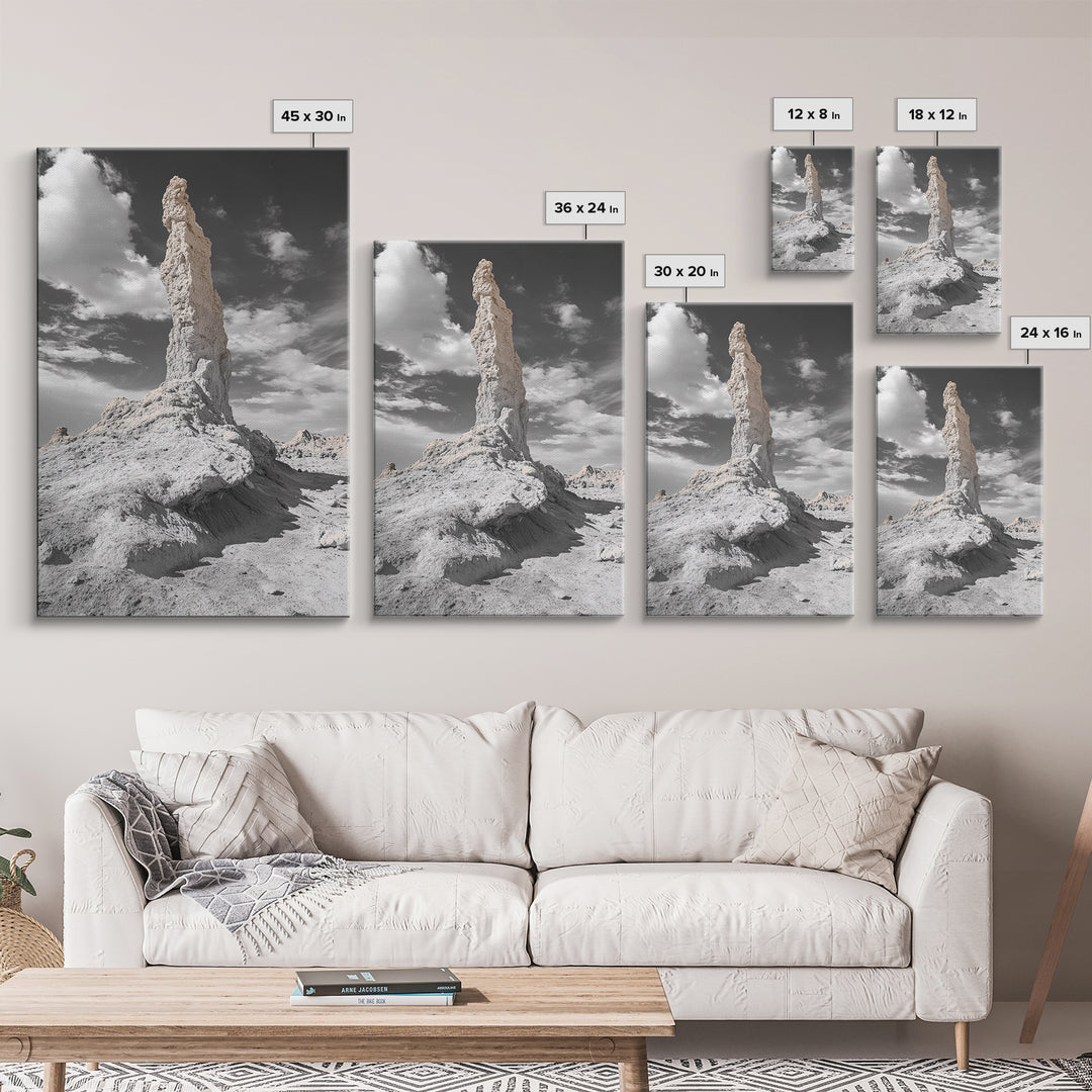 Rock Spire, Desert Monument, Sky Landscape, Framed Canvas Print, Modern Nature Wall Art, Earth Tones Decor, Minimalist Desert Art