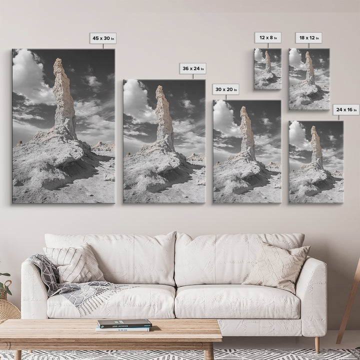 Rock Spire, Desert Monument, Sky Landscape, Framed Canvas Print, Modern Nature Wall Art, Earth Tones Decor, Minimalist Desert Art