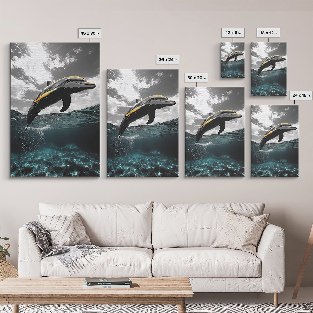 Dolphin Splash, Ocean Wildlife, Underwater Grace, Black White Sea Art, Canvas Print, Bathroom Wall Art, Coastal Decor, Marine Life Style