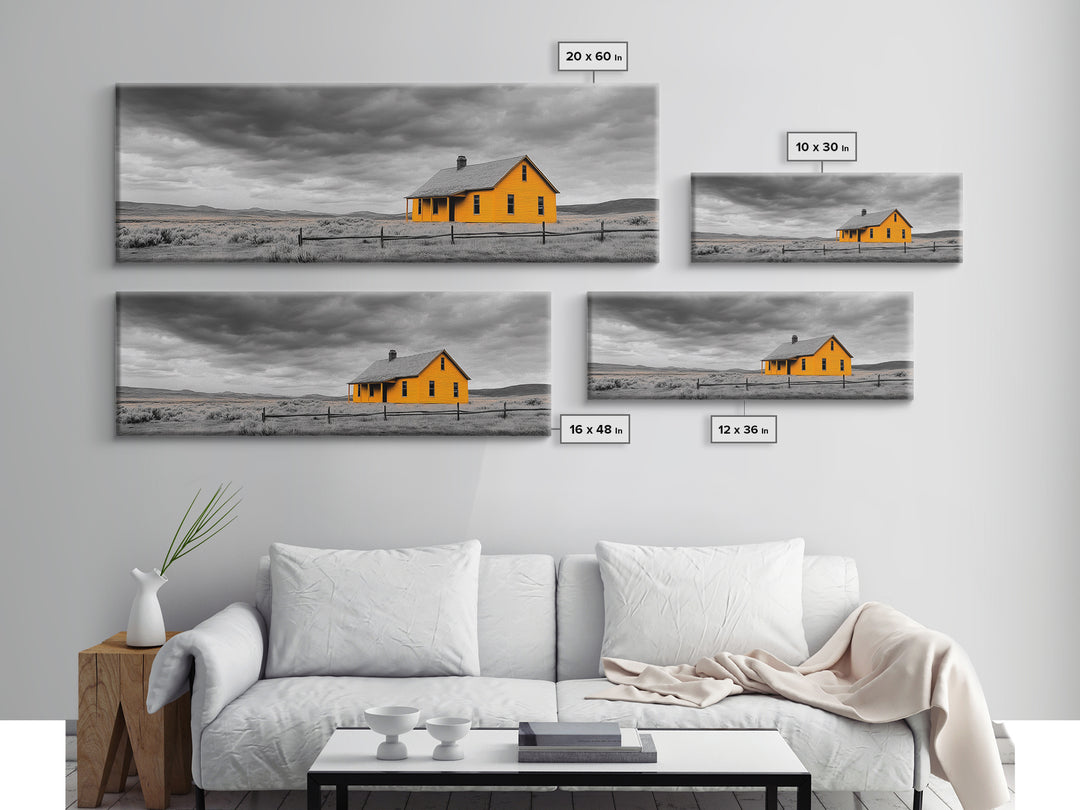 Yellow House, Stormy Sky, Minimalist Landscape, Rural Farmhouse, Framed Canvas Print, Rustic Wall Decor, Living Room Wall Art