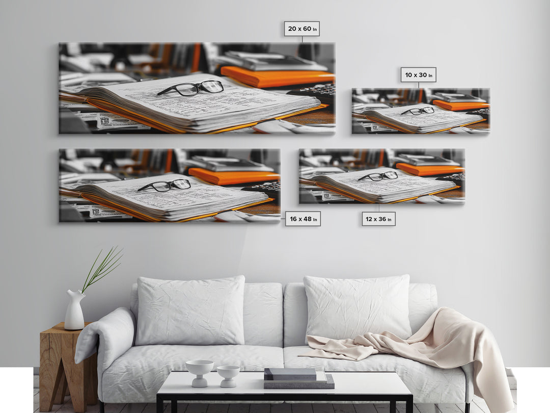 Open Book, Glasses, Orange Folders, Writer Desk, Framed Canvas Print, Study Room Wall Art, Vintage Academic Aesthetic