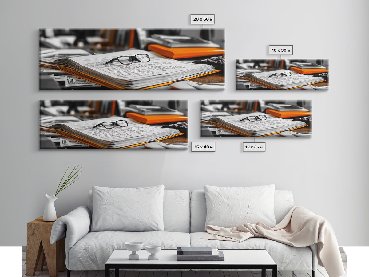 Open Book, Glasses, Orange Folders, Writer Desk, Framed Canvas Print, Study Room Wall Art, Vintage Academic Aesthetic