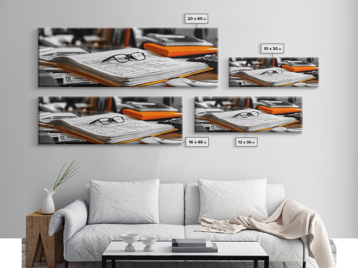 Open Book, Glasses, Orange Folders, Writer Desk, Framed Canvas Print, Study Room Wall Art, Vintage Academic Aesthetic