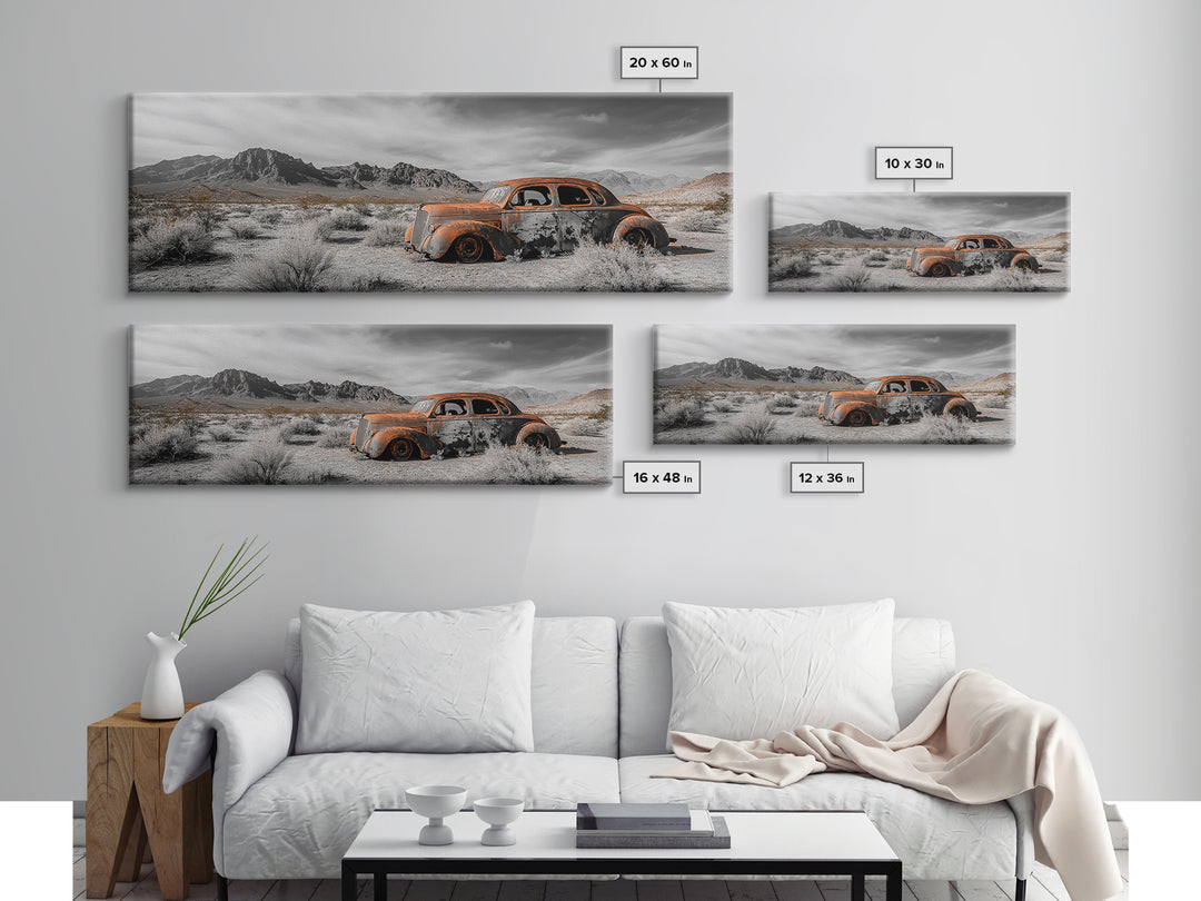 Desert Wreck, Abandoned Car, Moody Landscape, Rusty Vehicle — Framed Canvas Print, Industrial Wall Art, Garage Decor, Western Photography