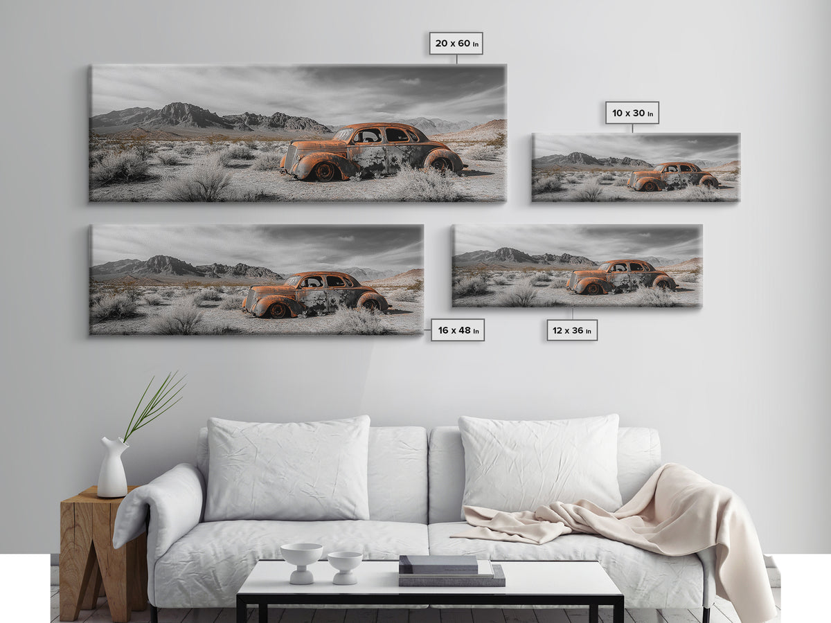 Desert Wreck, Abandoned Car, Moody Landscape, Rusty Vehicle — Framed Canvas Print, Industrial Wall Art, Garage Decor, Western Photography