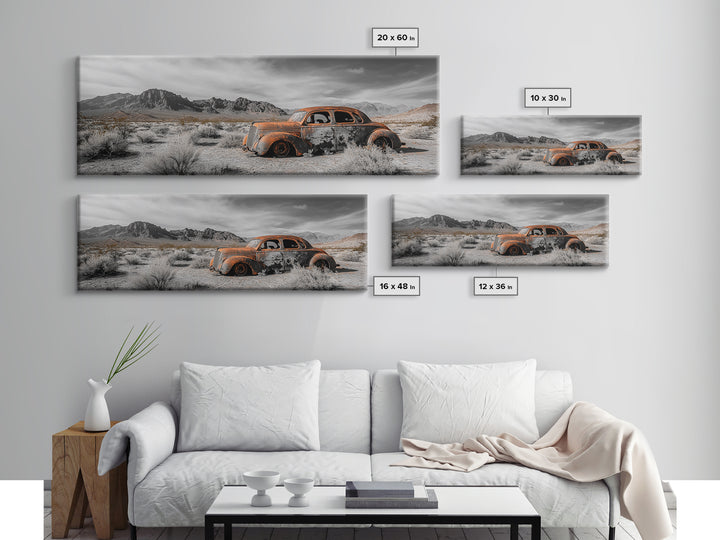 Desert Wreck, Abandoned Car, Moody Landscape, Rusty Vehicle — Framed Canvas Print, Industrial Wall Art, Garage Decor, Western Photography