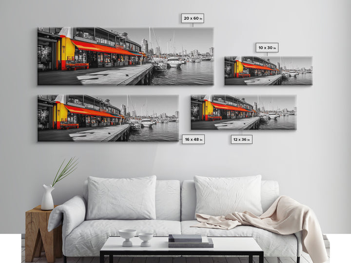 Waterfront Market, Urban Vibes, Boats and Shops, City Harbor — Framed Canvas Print, Kitchen Wall Art, Modern Cityscape, Vibrant Wall Decor