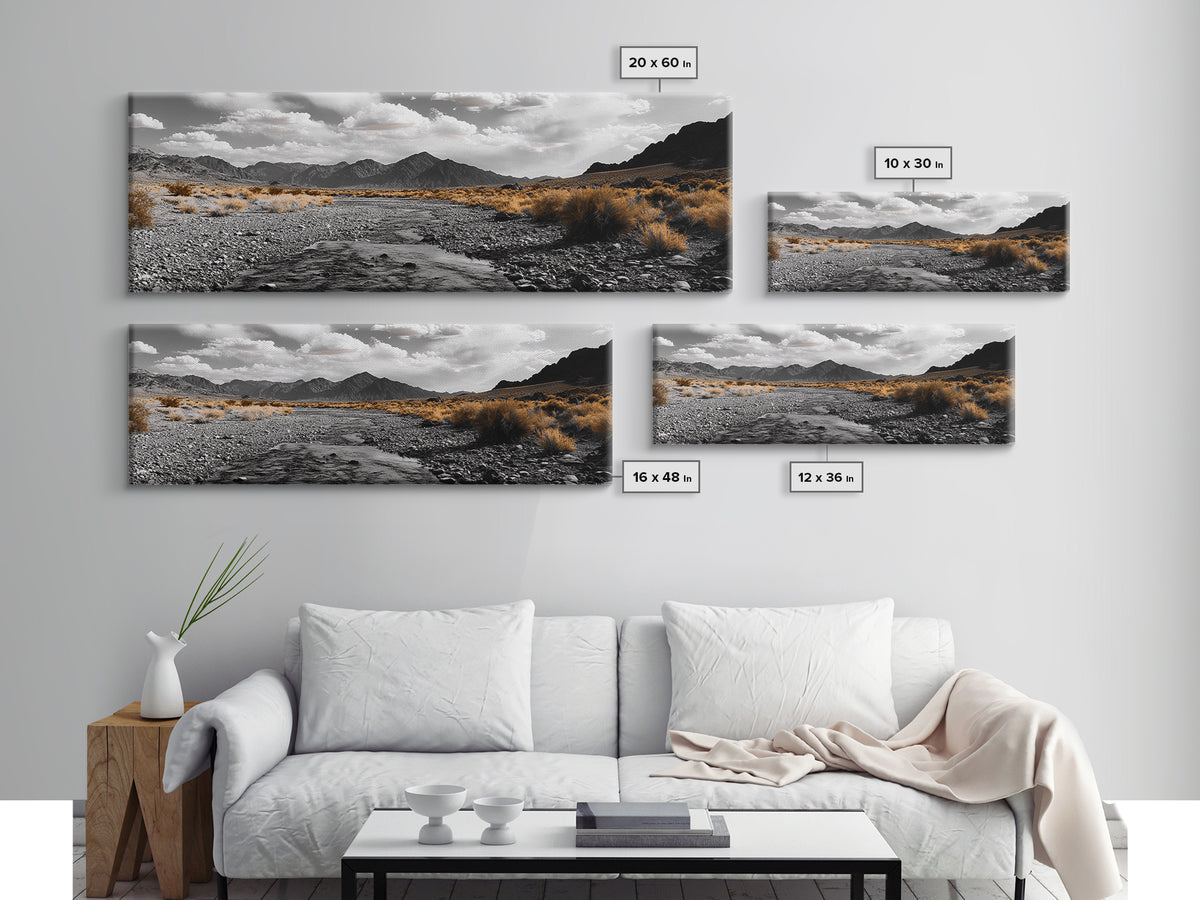 Desert Creek, Rugged Mountains, Golden Shrubs, Nature Path — Framed Canvas Print, Autumn Wall Decor, Rustic Office Art, Landscape Canvas