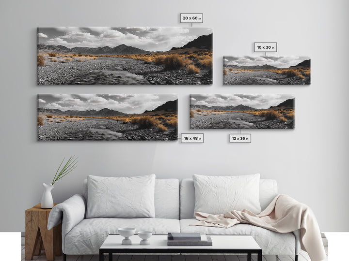 Desert Creek, Rugged Mountains, Golden Shrubs, Nature Path — Framed Canvas Print, Autumn Wall Decor, Rustic Office Art, Landscape Canvas