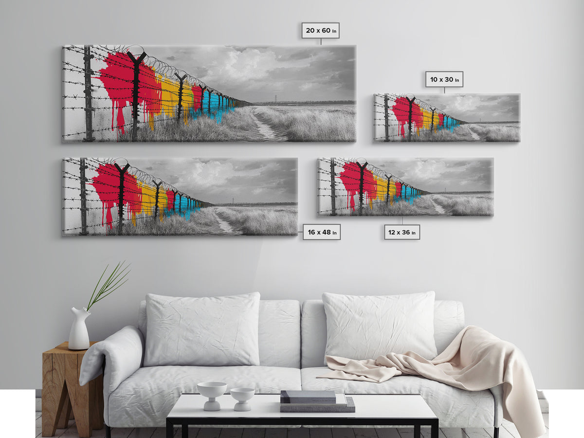 Barbed Wire, Graffiti Fence, Urban Street Art, Political Statement, Framed Canvas Print, Modern Wall Art, Office Decor, Activist Art