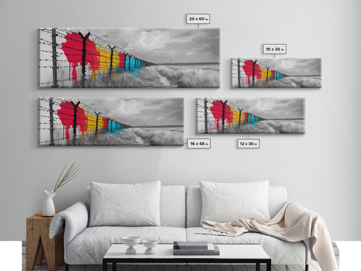 Barbed Wire, Graffiti Fence, Urban Street Art, Political Statement, Framed Canvas Print, Modern Wall Art, Office Decor, Activist Art
