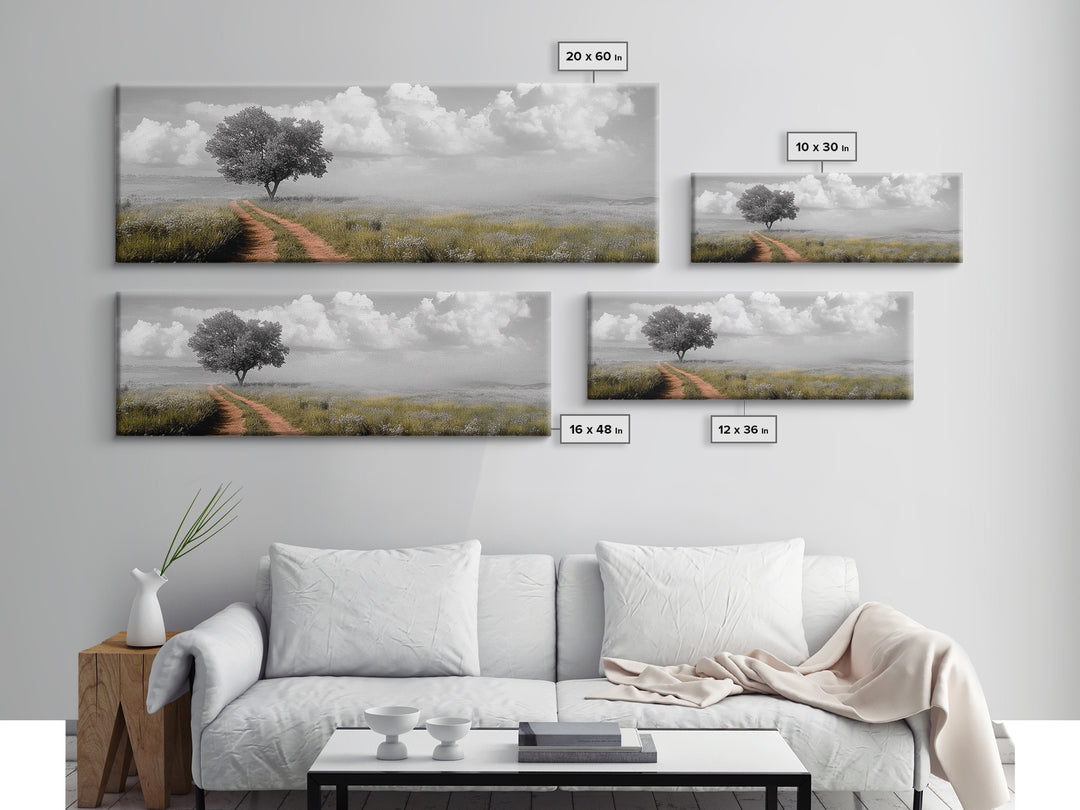 Lone Tree, Meadow Path, Dreamy Field, Cloudy Sky, Framed Canvas Print, Calm Decor, Entryway Wall Art, Soft Focus Nature