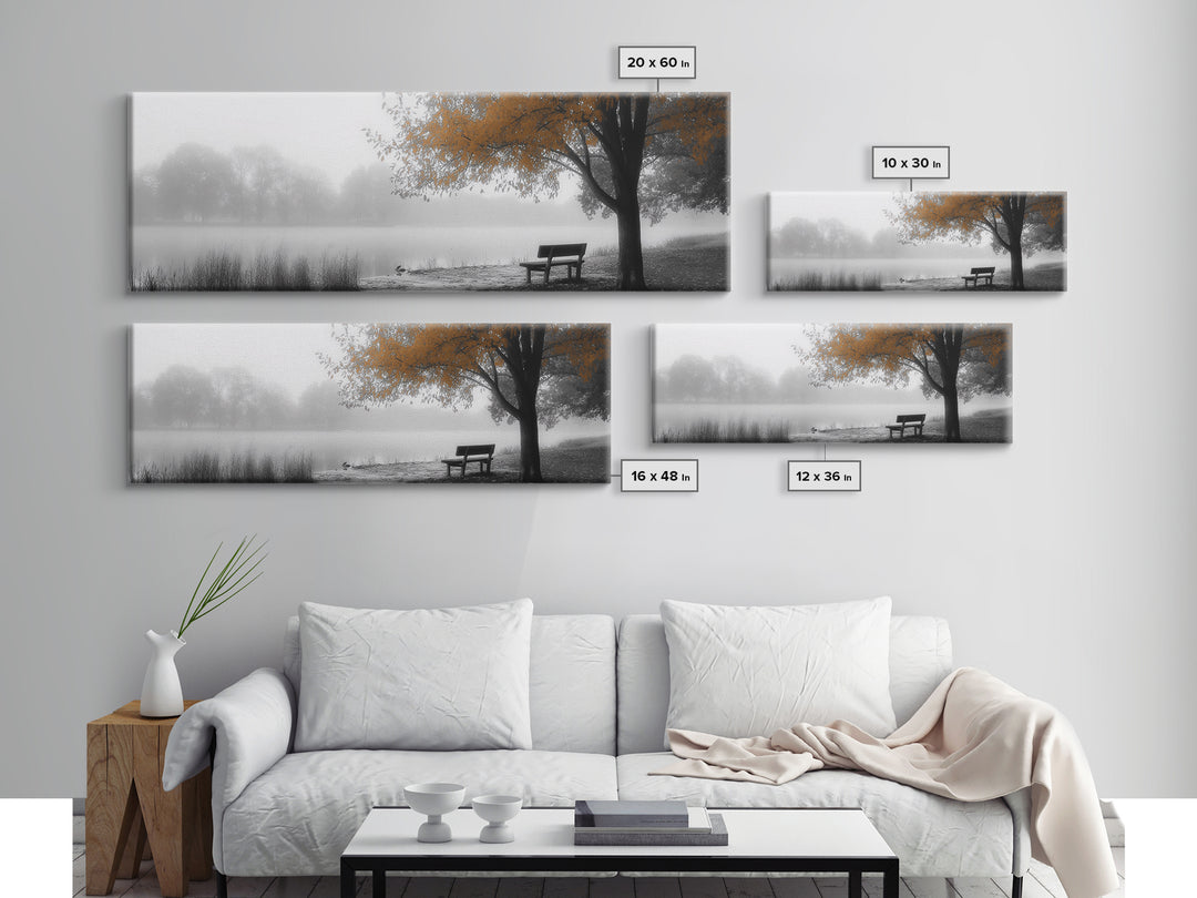 Foggy Lake, Autumn Tree, Peaceful Bench, Serene Nature, Framed Canvas Print, Fall Wall Decor, Zen Living Room Art, Bedroom Decor