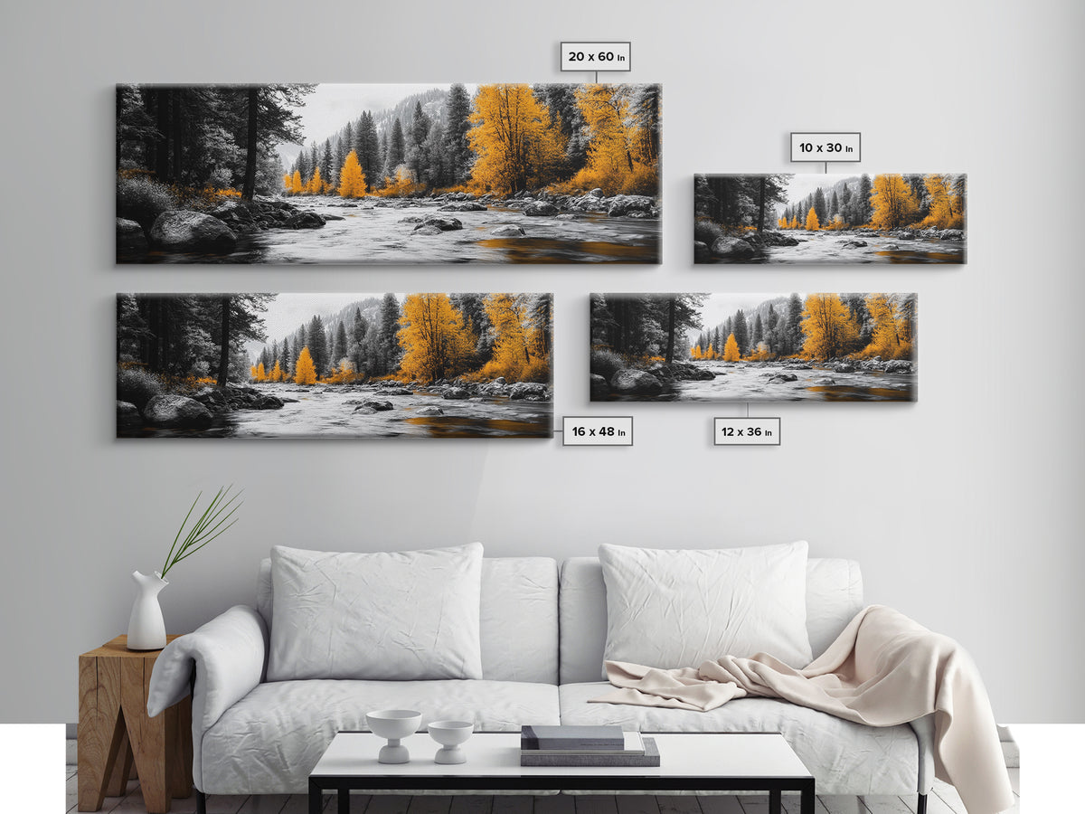 River Flow, Autumn Forest, Mountain Pines, Golden Trees, Canvas Print, Fall Decor, Nature Lover Gift, Rustic Wall Art, Boho Wall Art