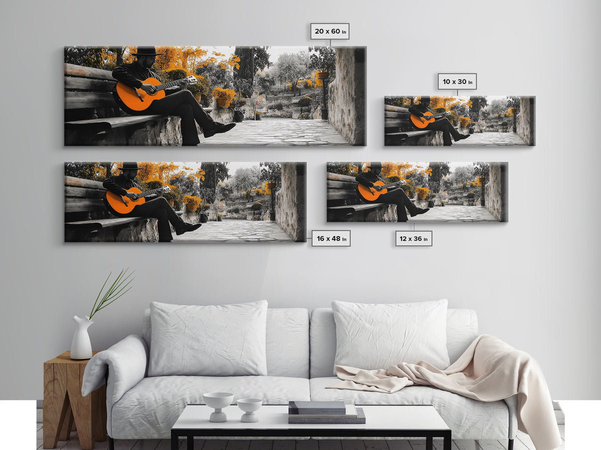 Spanish Guitar, Rustic Music Scene, Autumn Colors, Framed Canvas Print, Fall Wall Art, Living Room Decor, Folk Art, Warm Rustic Charm