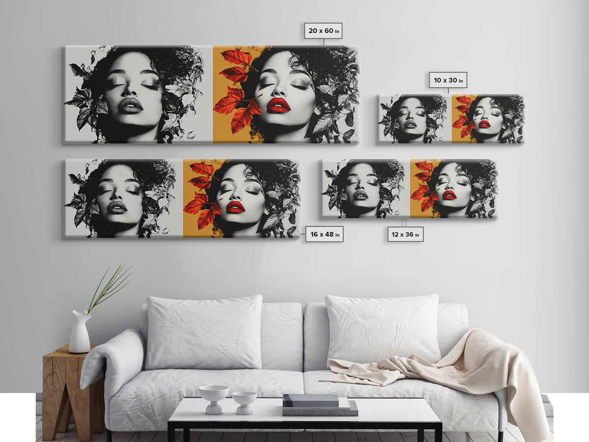 Autumn Leaves, Bold Lips Portrait, Fashion Face Art, Framed Canvas Print, Fall Wall Decor, Modern Bedroom Art, Boho Glam Aesthetic