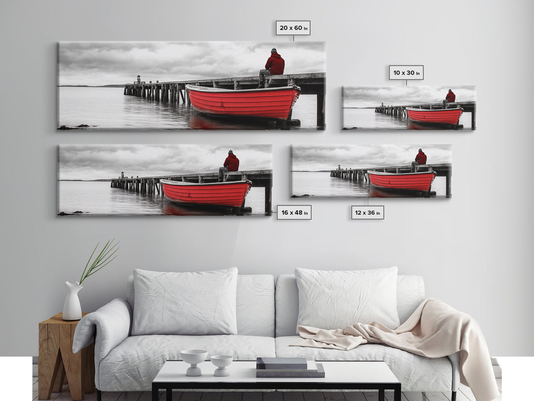 Red Boat Dock, Lonely Harbor View, Seaside Silence, Framed Canvas Print, Nautical Wall Art, Beach House Decor, Moody Coastal Vibes